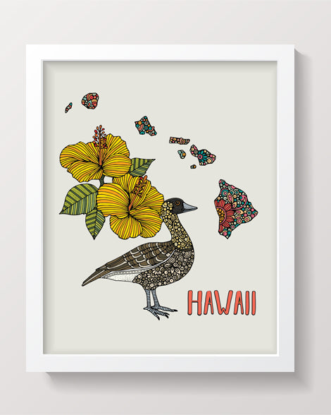 Hawaii State Map art print featuring the nene bird and yellow flower, beautifully illustrated.