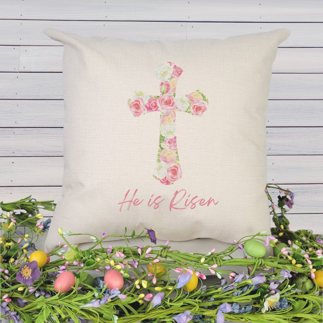 He Is Risen Pillow Cover featuring floral design on woven linen fabric, with a hidden zipper and available in farmhouse beige and satin white.