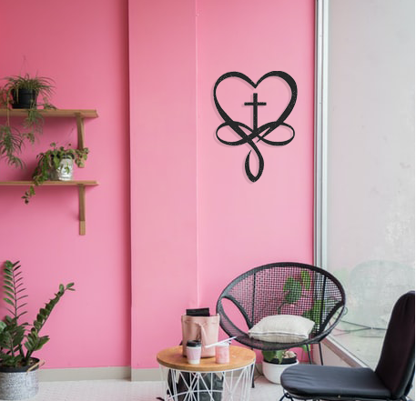 Heart Cross metal wall art showcasing a beautiful heart design, crafted from durable 16 gauge steel with a low gloss finish.