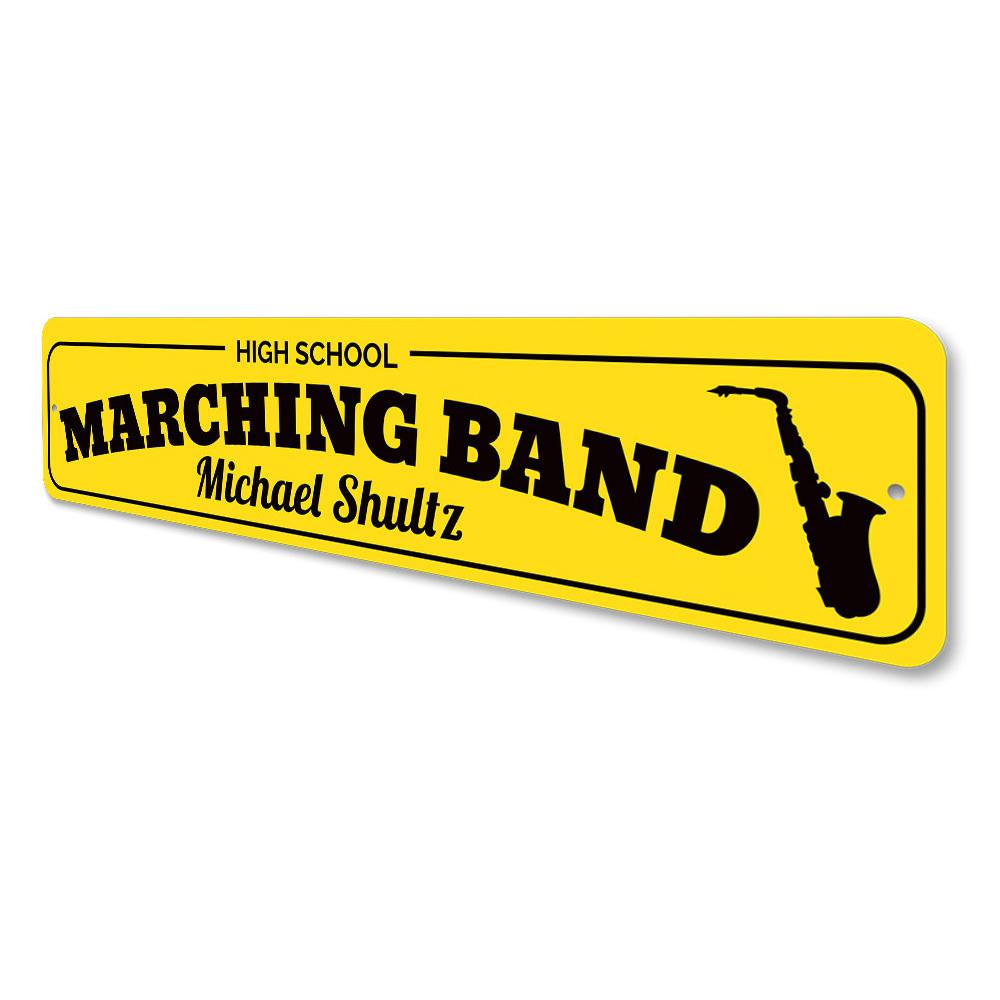 High School Marching Band Sign made of durable aluminum, featuring customizable text and pre-drilled holes for easy mounting.