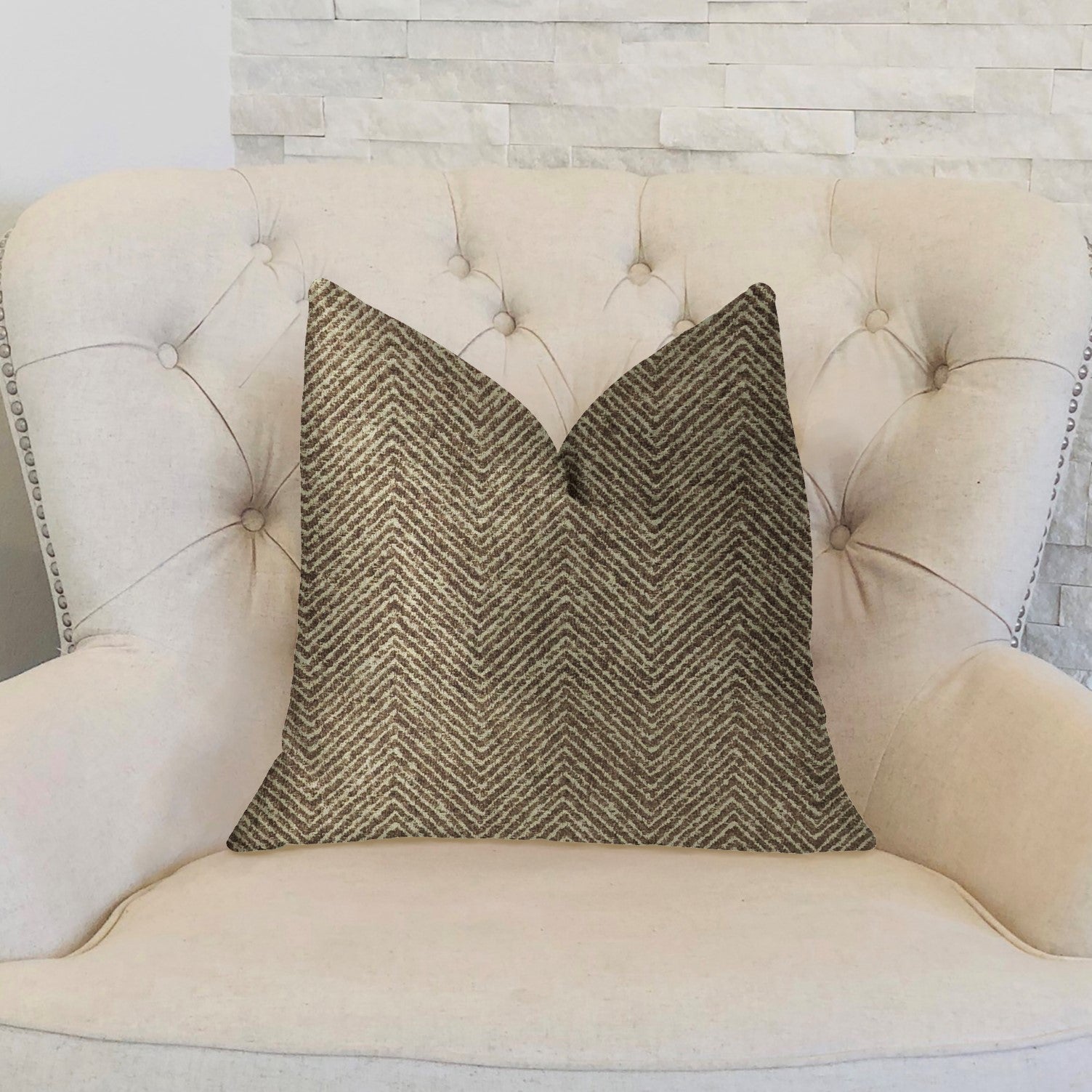 Hillside Brown Luxury Throw Pillow featuring a chevron pattern, handmade in the USA with a soft Rayon and Polyester blend.