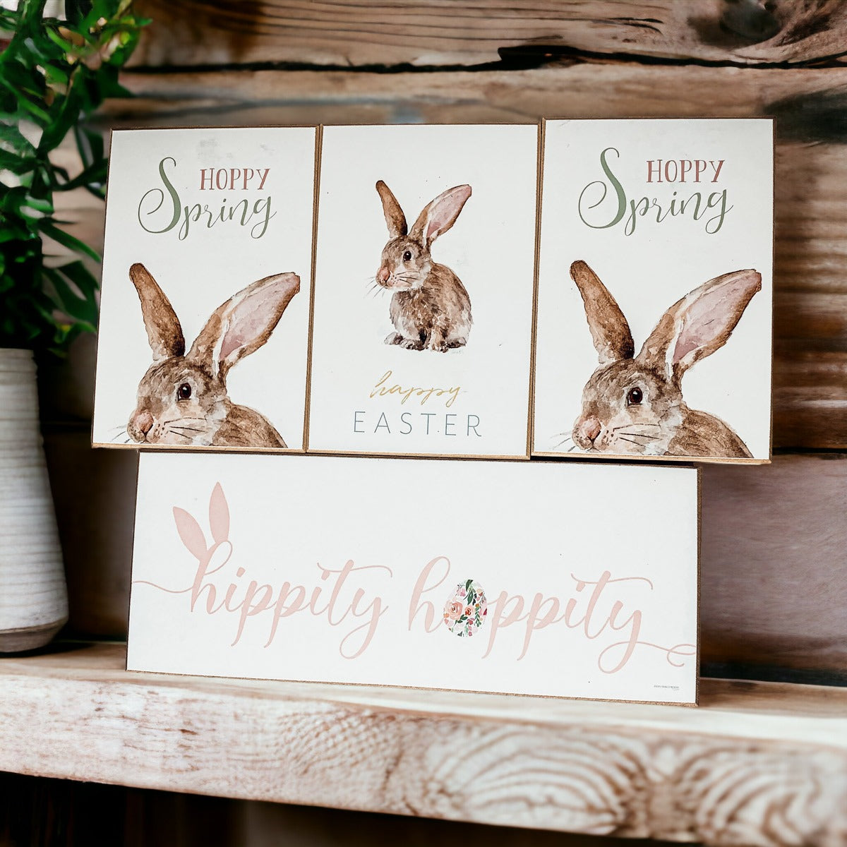 Hippity Hoppity Bunny wooden block signs in three styles for Easter decor.