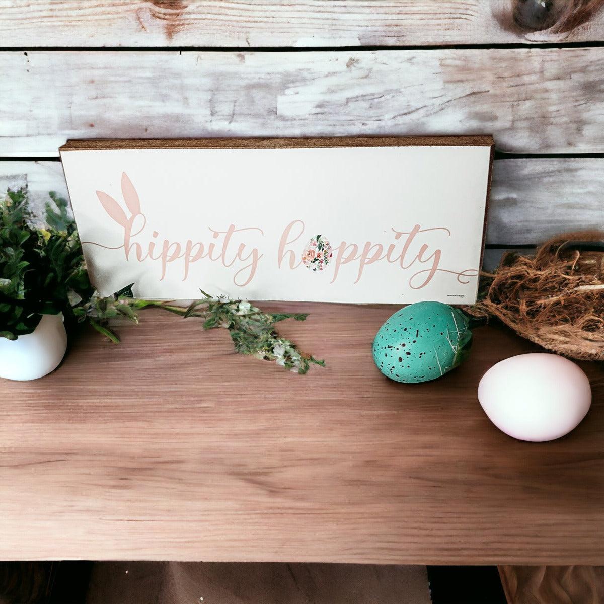 Hippity Hoppity Bunny wooden block signs in three styles for Easter decor.
