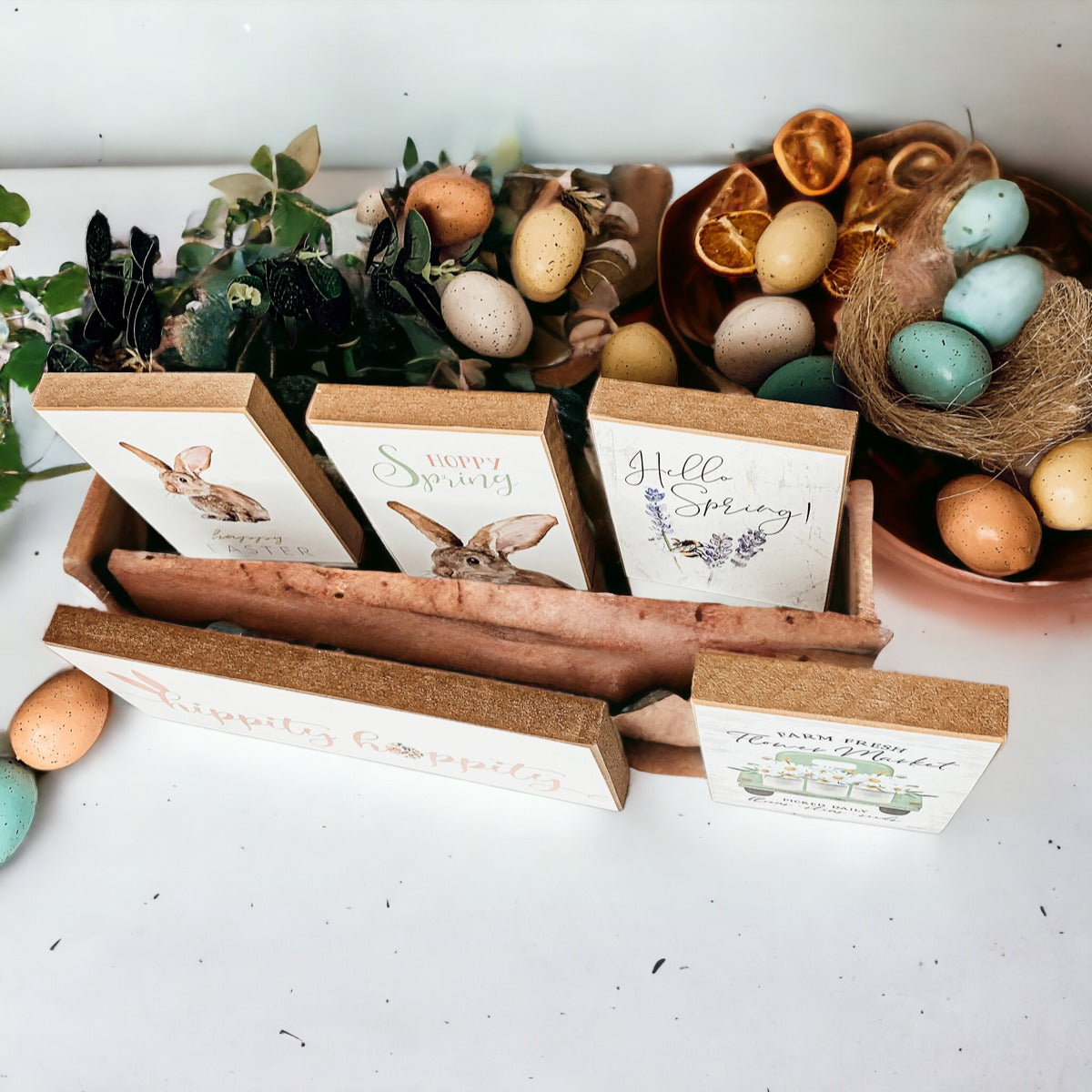 Hippity Hoppity Bunny wooden block signs in three styles for Easter decor.