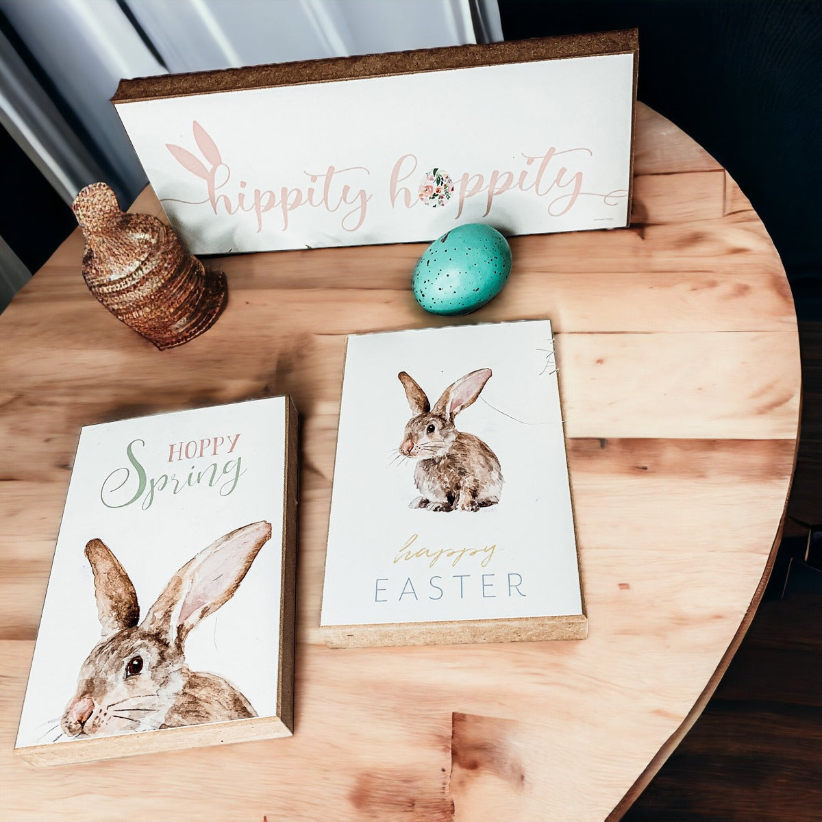 Hippity Hoppity Bunny wooden block signs in three styles for Easter decor.