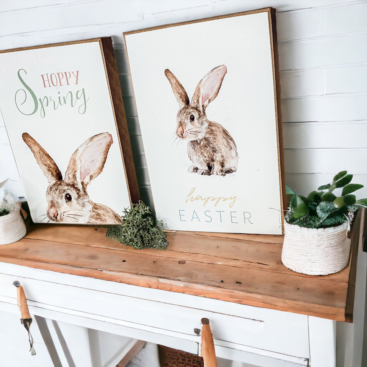 Hippity Hoppity Bunny wooden block signs in three styles for Easter decor.