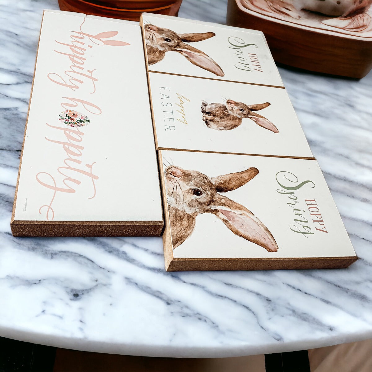 Hippity Hoppity Bunny wooden block signs in three styles for Easter decor.