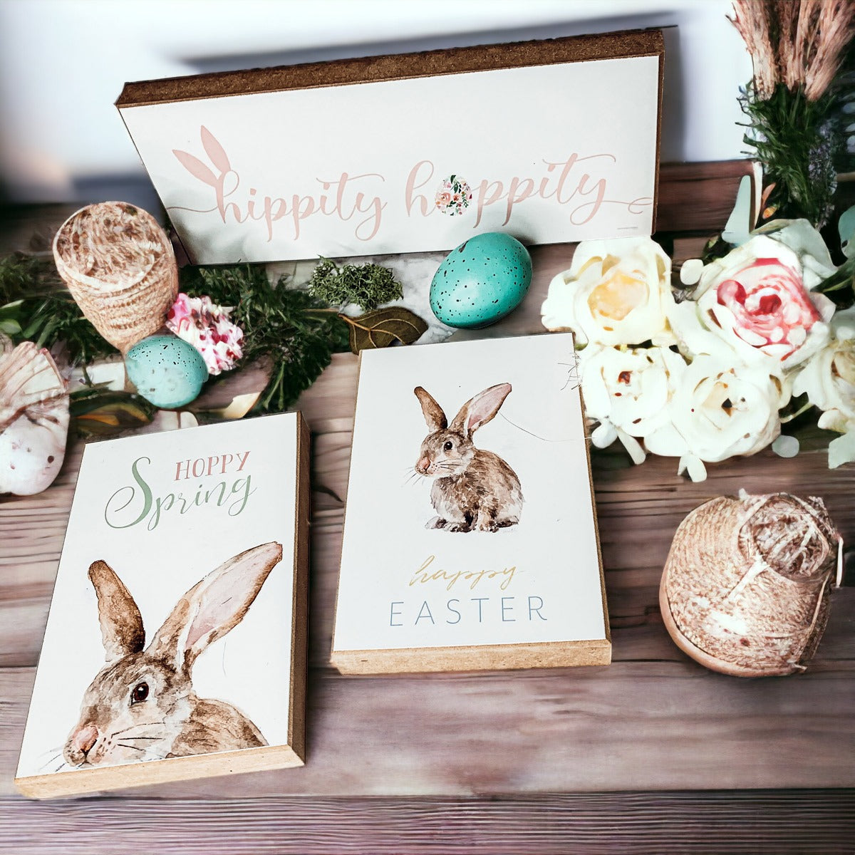 Hippity Hoppity Bunny wooden block signs in three styles for Easter decor.