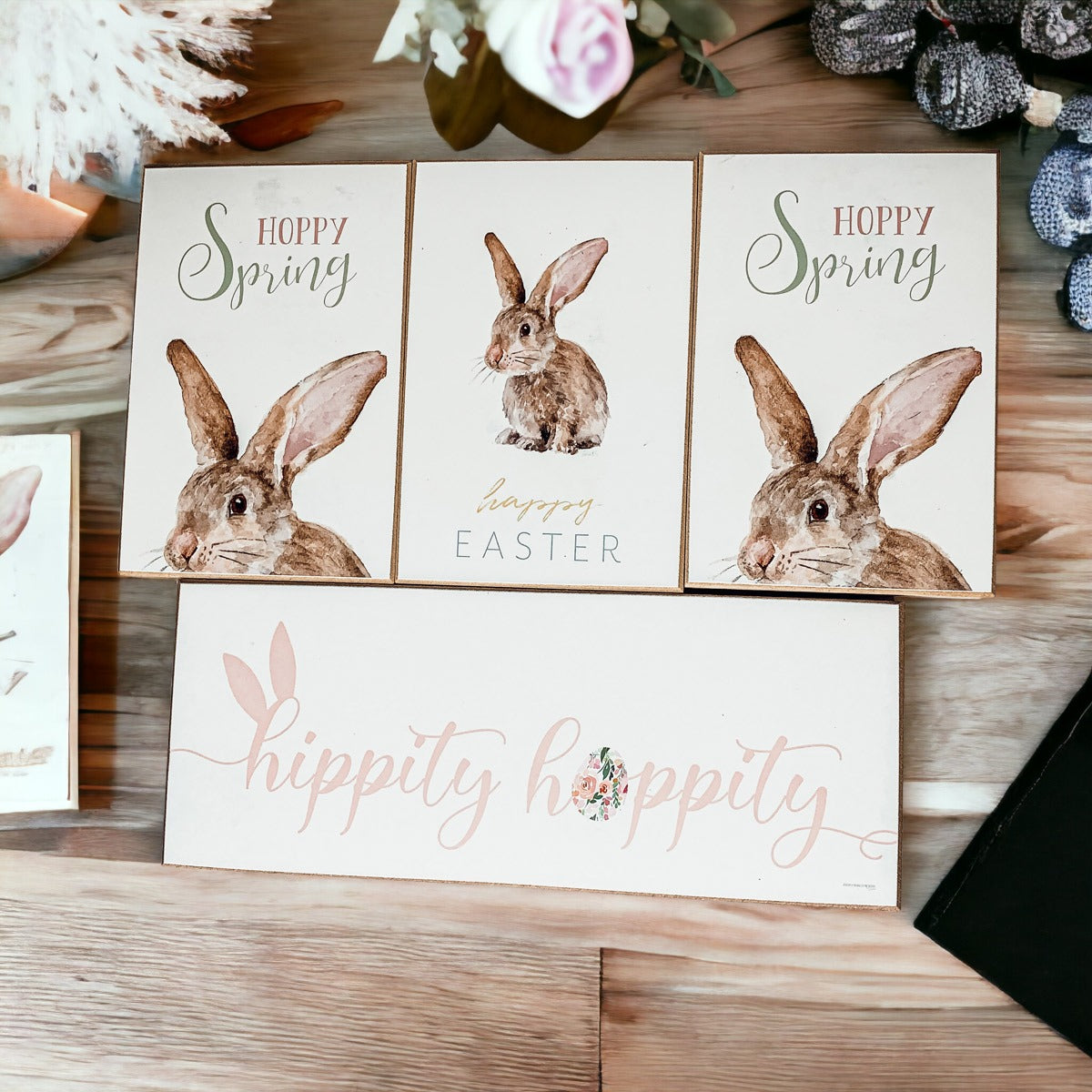 Hippity Hoppity Bunny wooden block signs in three styles for Easter decor.