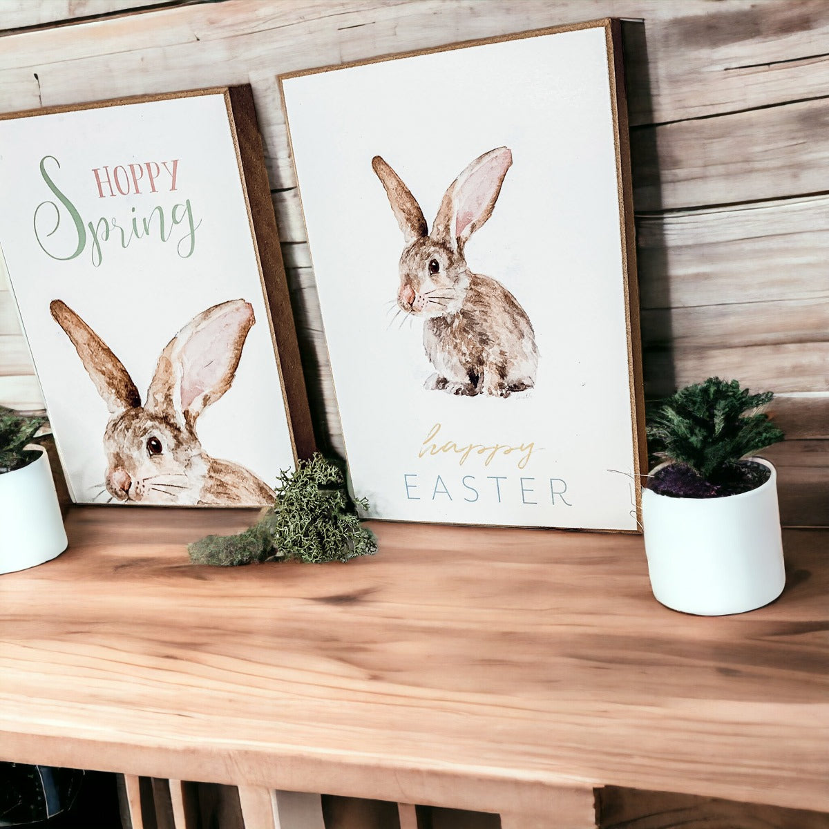 Hippity Hoppity Bunny wooden block signs in three styles for Easter decor.