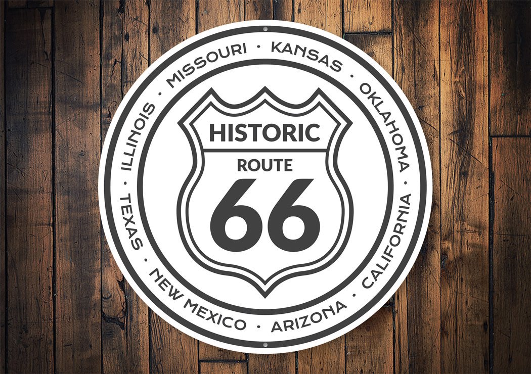 Historic Route 66 States Novelty Sign made of aluminum, featuring vibrant colors and iconic Route 66 design, perfect for home decor.