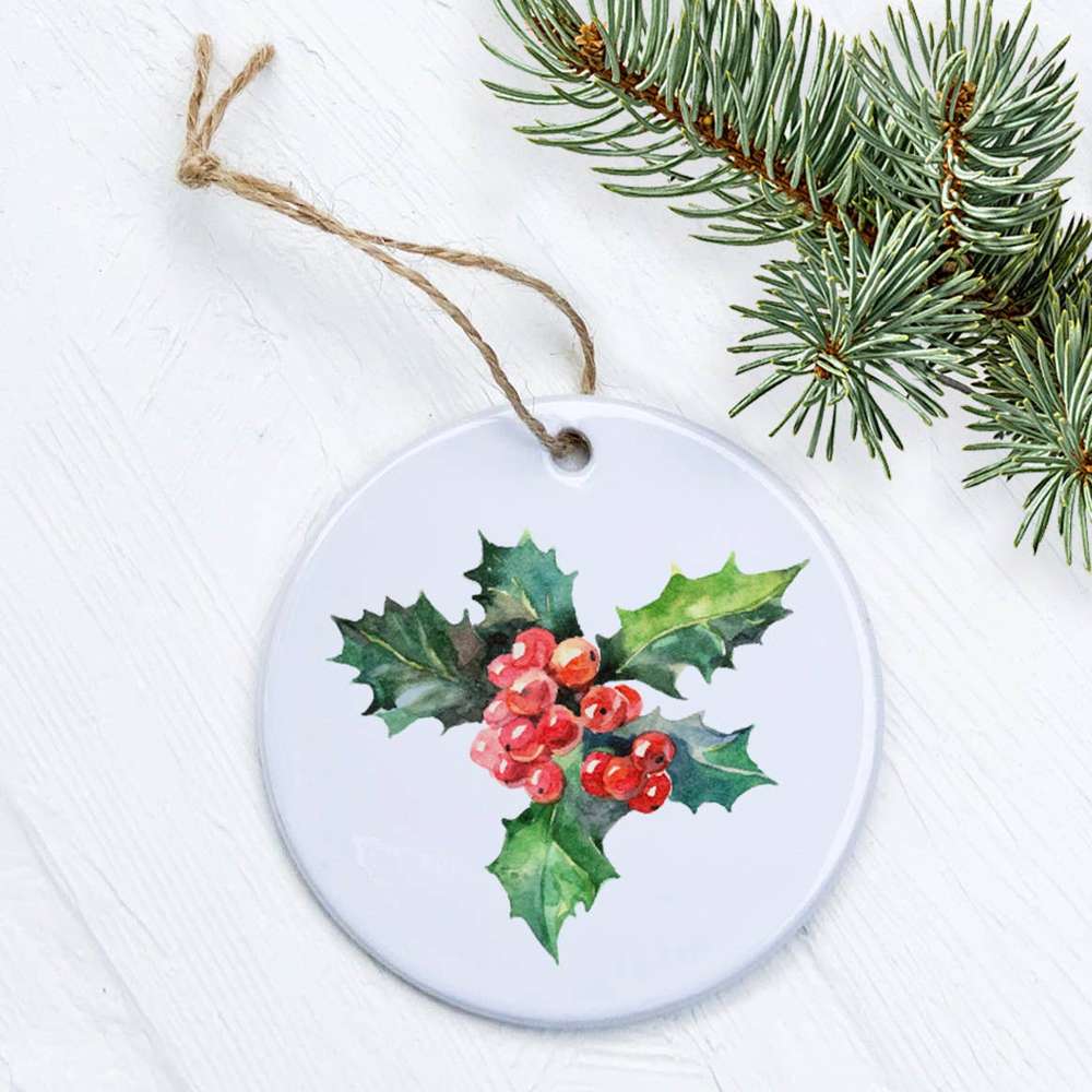 Holly and Berries porcelain ornament featuring vibrant design, smooth glossy finish, and 2.75-inch diameter.