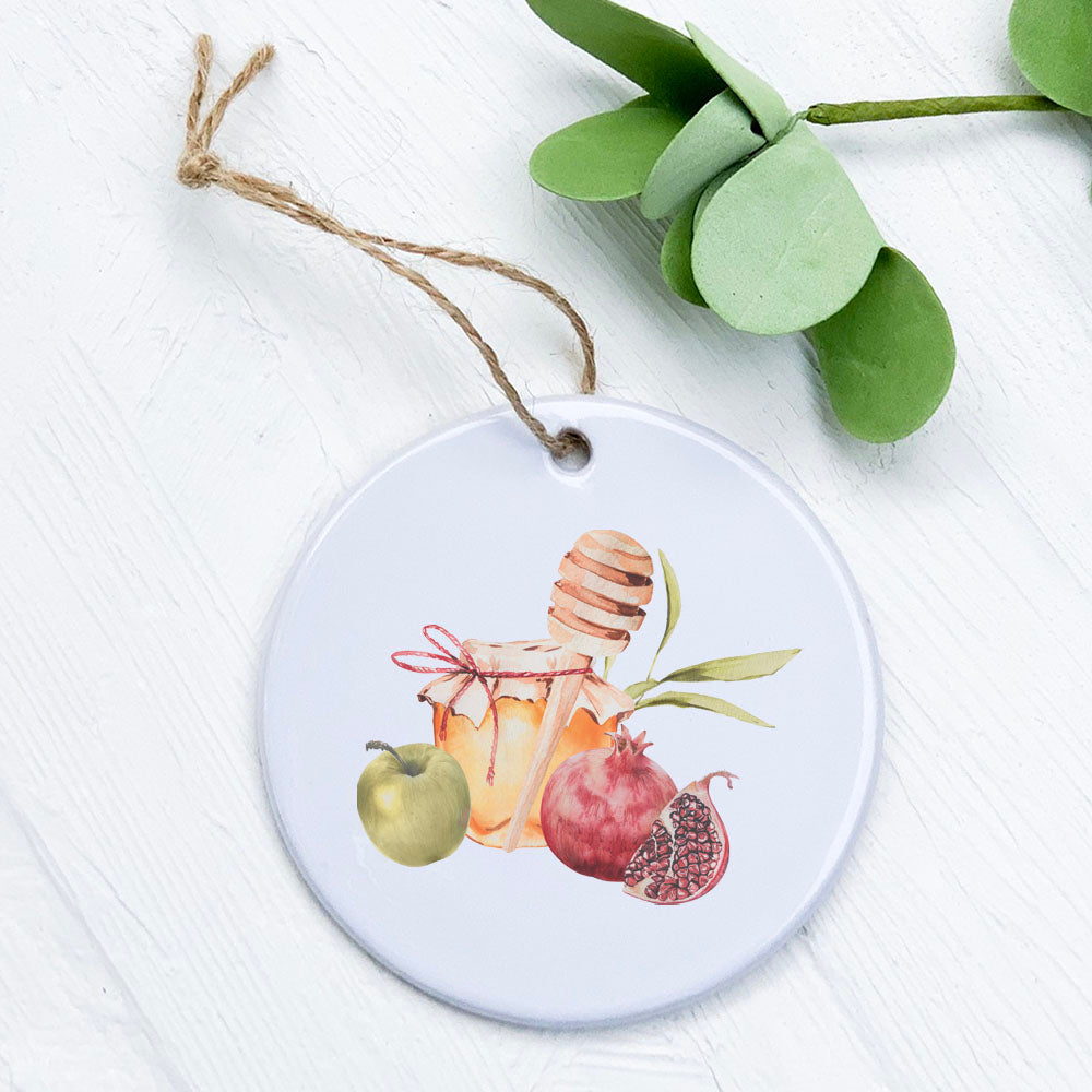 A beautifully designed Honey and Fruit porcelain ornament featuring vibrant colors and a glossy finish, perfect for gifting or decoration.