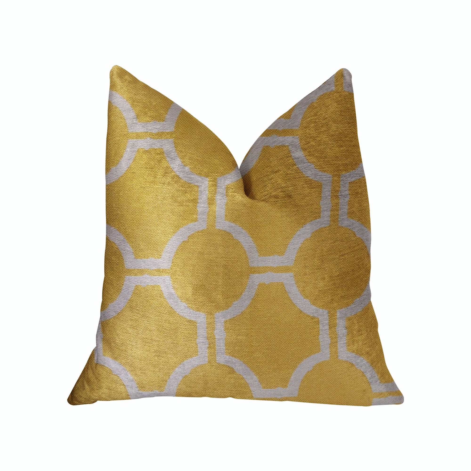 Honeycomb Yellow and Beige Luxury Throw Pillow featuring a geometric pattern, handmade in the USA with a soft fabric blend.