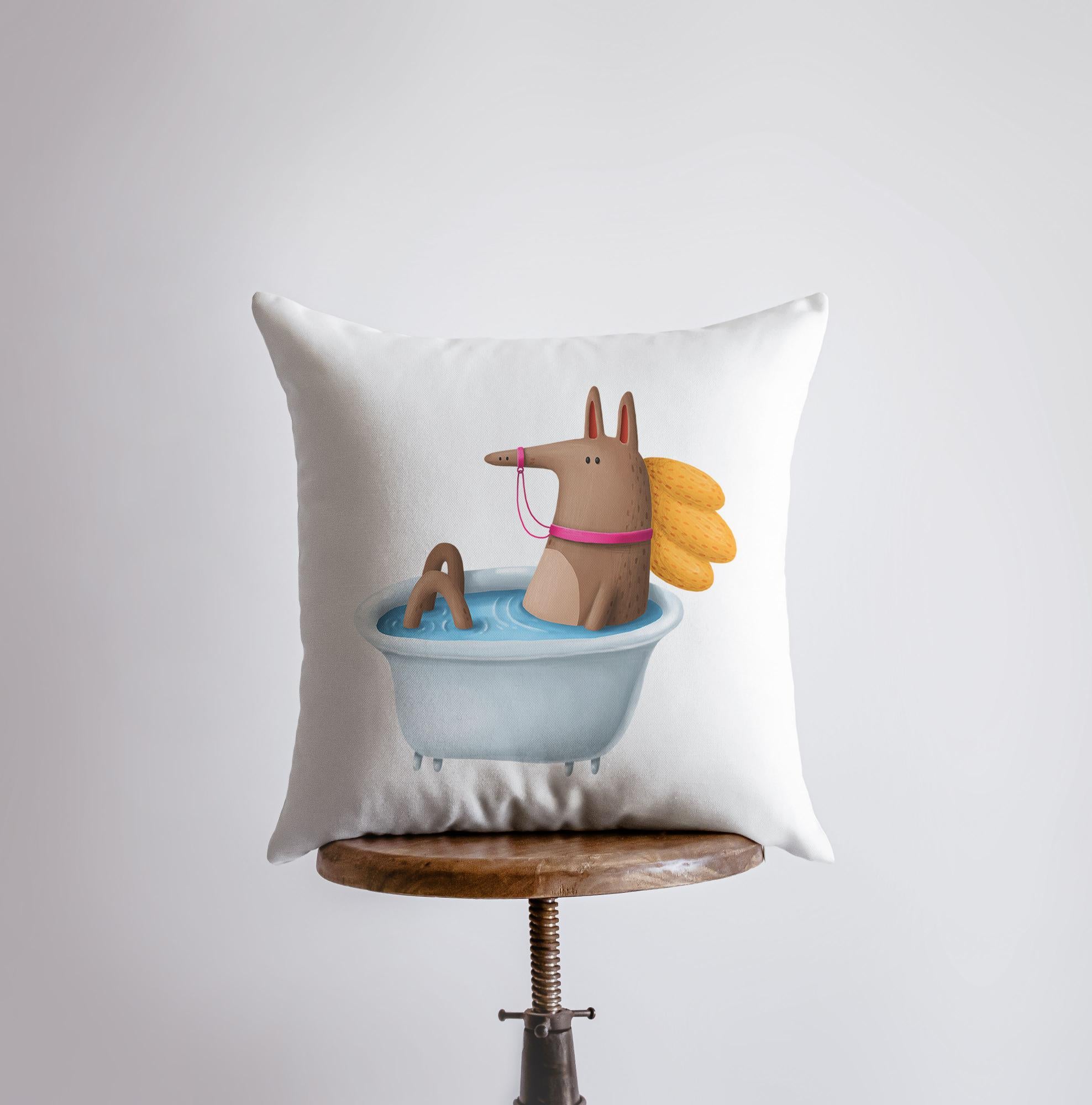 A charming throw pillow featuring a bathing horse design, handmade in America, soft cotton/polyester blend.
