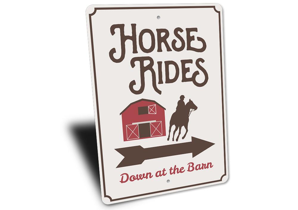 Horse Rides at the Barn Sign made of high-quality aluminum, featuring rustic design elements suitable for home or office decor.
