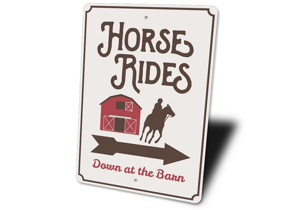 Horse Rides at the Barn Sign made of high-quality aluminum, featuring rustic design elements suitable for home or office decor.