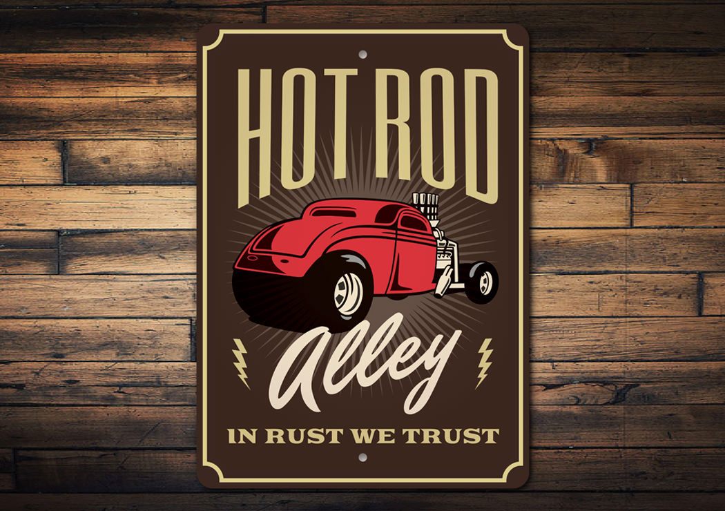 Hot Rod Alley garage sign made of high-quality aluminum, featuring a vintage design with the phrase 'In Rust We Trust', perfect for car enthusiasts.