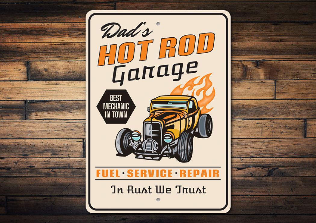 Hot Rod Garage Best Mechanic in Town Sign made of high-quality aluminum, featuring vibrant colors and customizable text options.