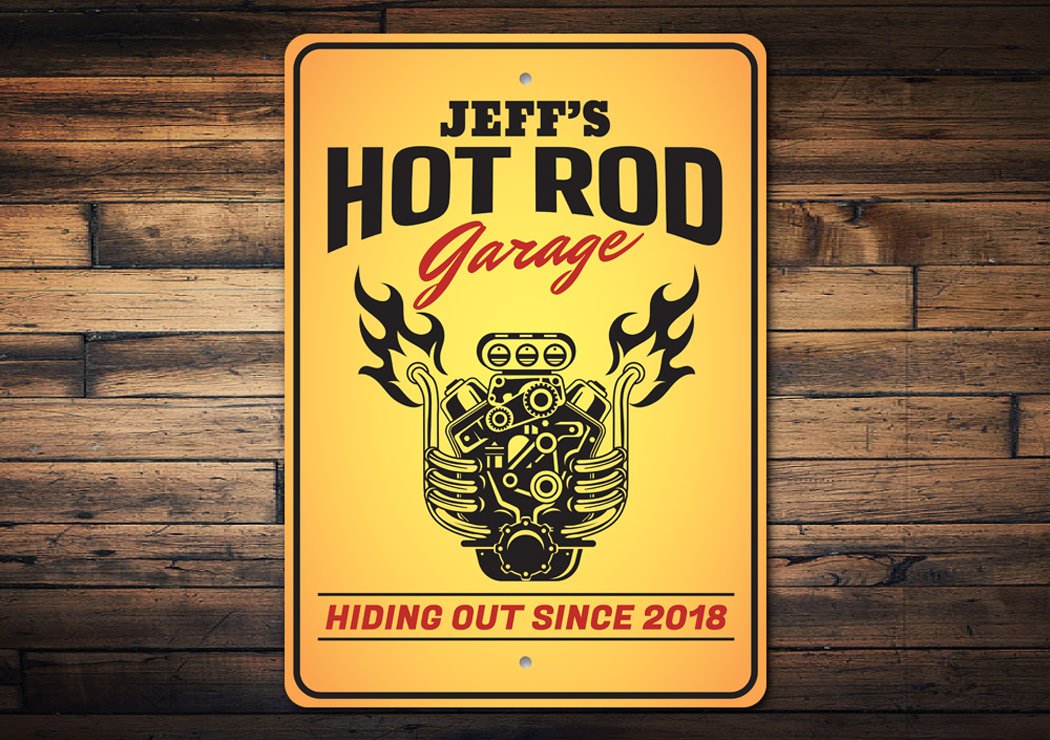 Hot Rod Garage Established Date Sign made of high-quality aluminum, featuring customizable text and pre-drilled holes for easy mounting.