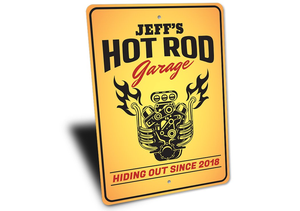 Hot Rod Garage Established Date Sign made of high-quality aluminum, featuring customizable text and pre-drilled holes for easy mounting.