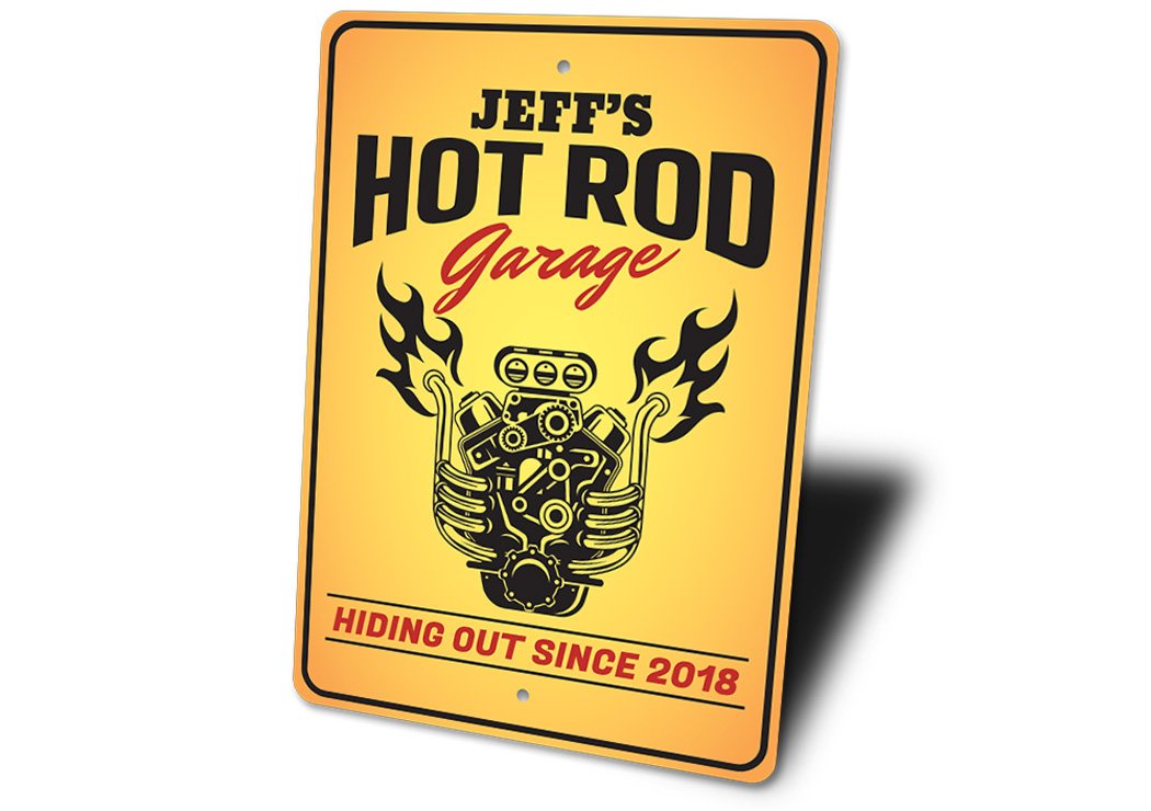 Hot Rod Garage Established Date Sign made of high-quality aluminum, featuring customizable text and pre-drilled holes for easy mounting.
