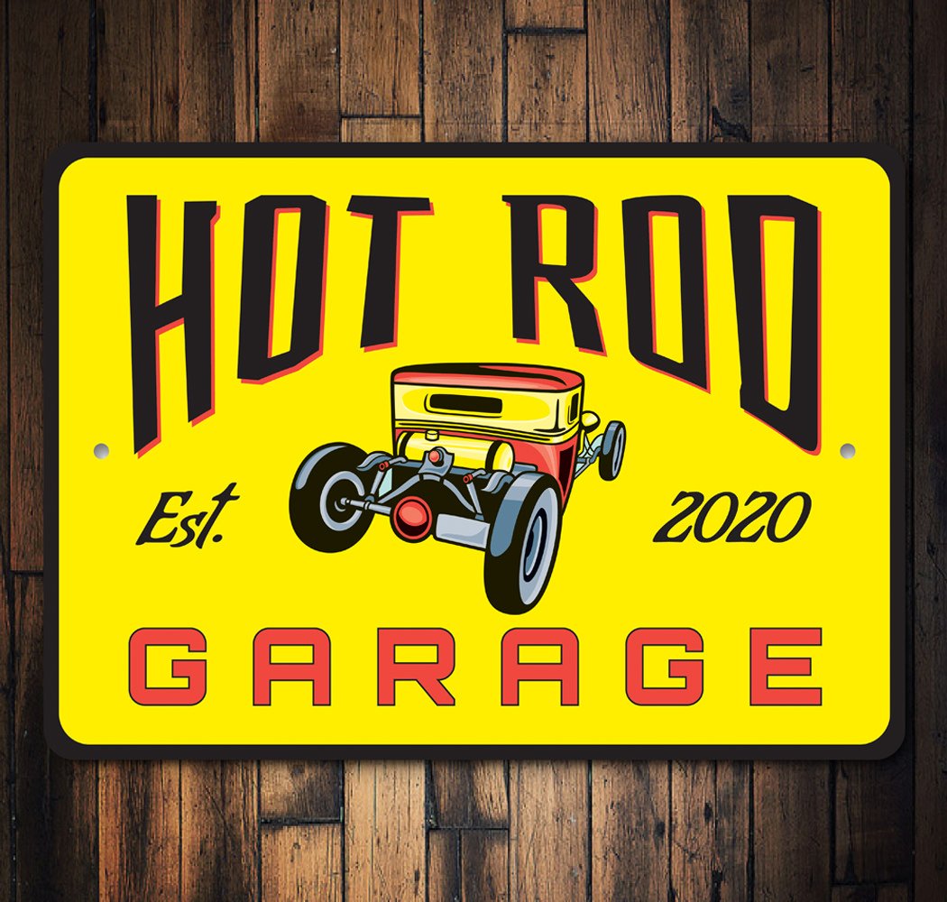 Hot Rod Garage Established Year Sign made of high-quality aluminum, featuring customizable text and pre-drilled holes for easy mounting.