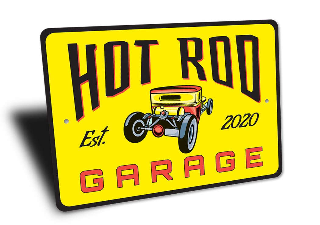 Hot Rod Garage Established Year Sign made of high-quality aluminum, featuring customizable text and pre-drilled holes for easy mounting.