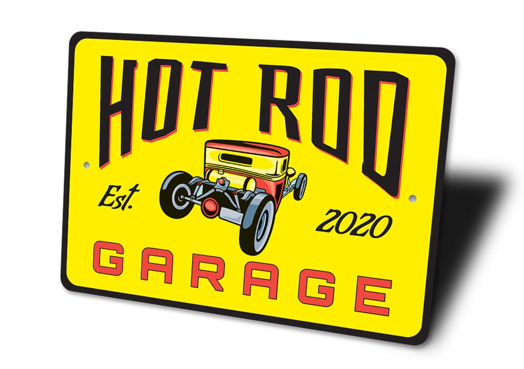 Hot Rod Garage Established Year Sign made of high-quality aluminum, featuring customizable text and pre-drilled holes for easy mounting.
