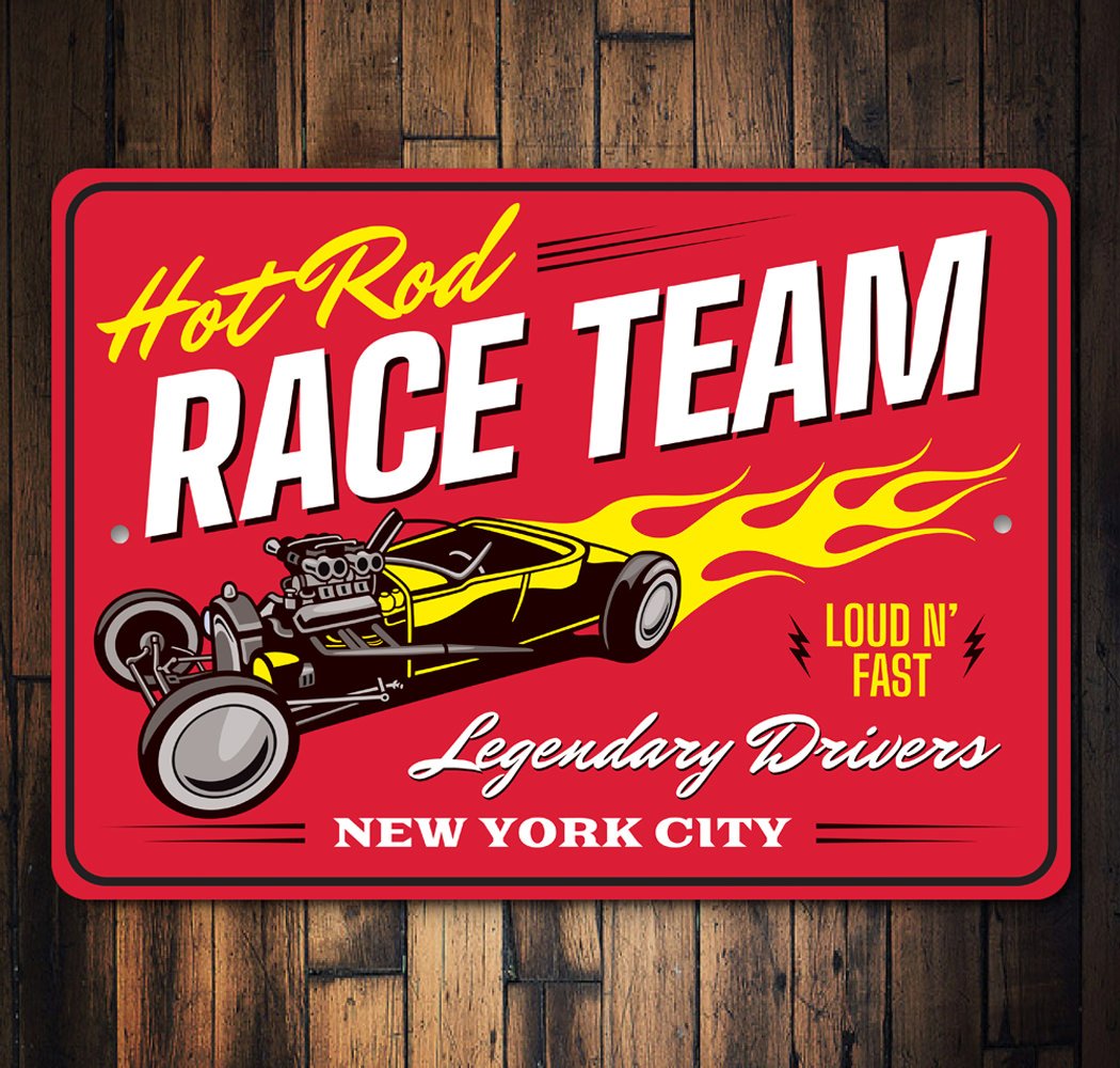 A vibrant Hot Rod Race Team Garage Sign made of aluminum, featuring customizable text and a stylish design, perfect for car enthusiasts.