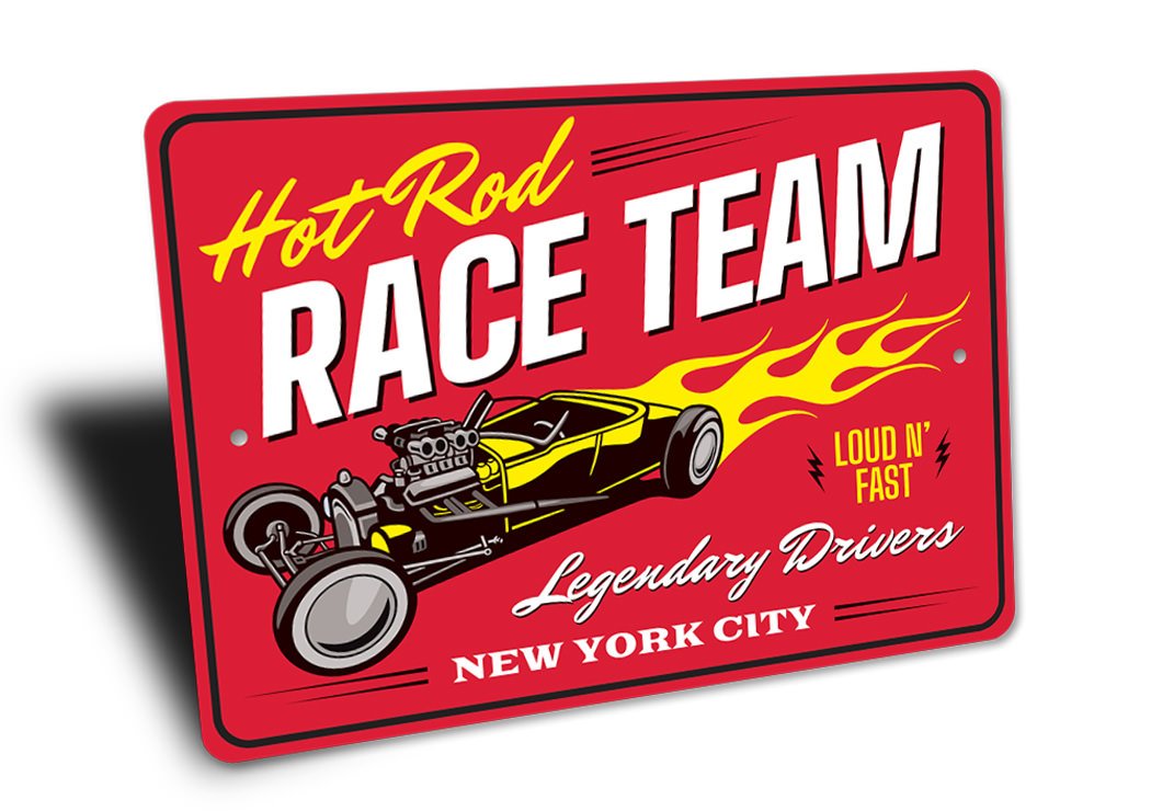 A vibrant Hot Rod Race Team Garage Sign made of aluminum, featuring customizable text and a stylish design, perfect for car enthusiasts.