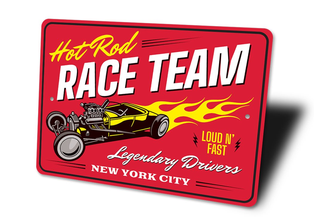 A vibrant Hot Rod Race Team Garage Sign made of aluminum, featuring customizable text and a stylish design, perfect for car enthusiasts.