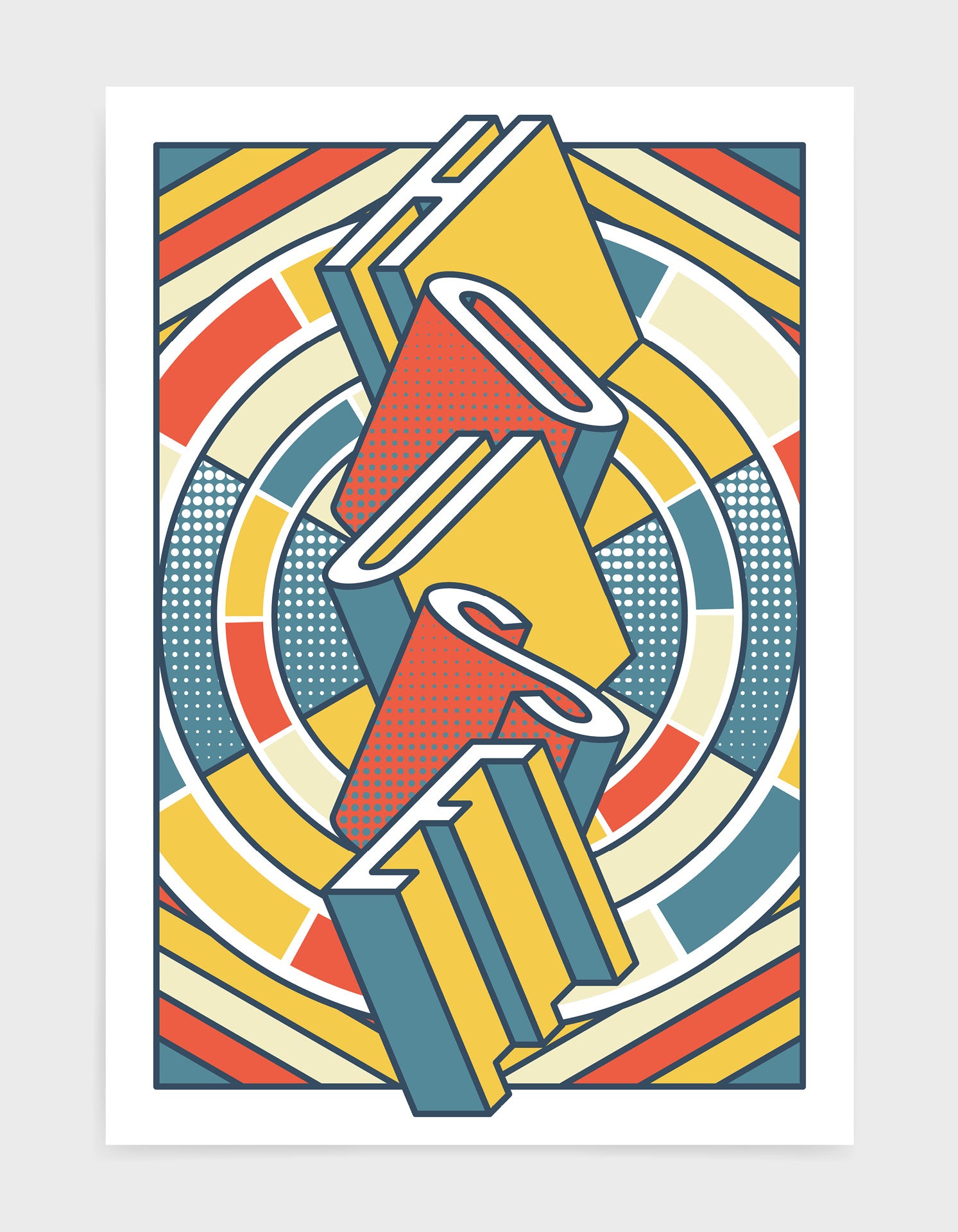 Vibrant house music art print featuring geometric abstract patterns in bold colors, ideal for home decor.