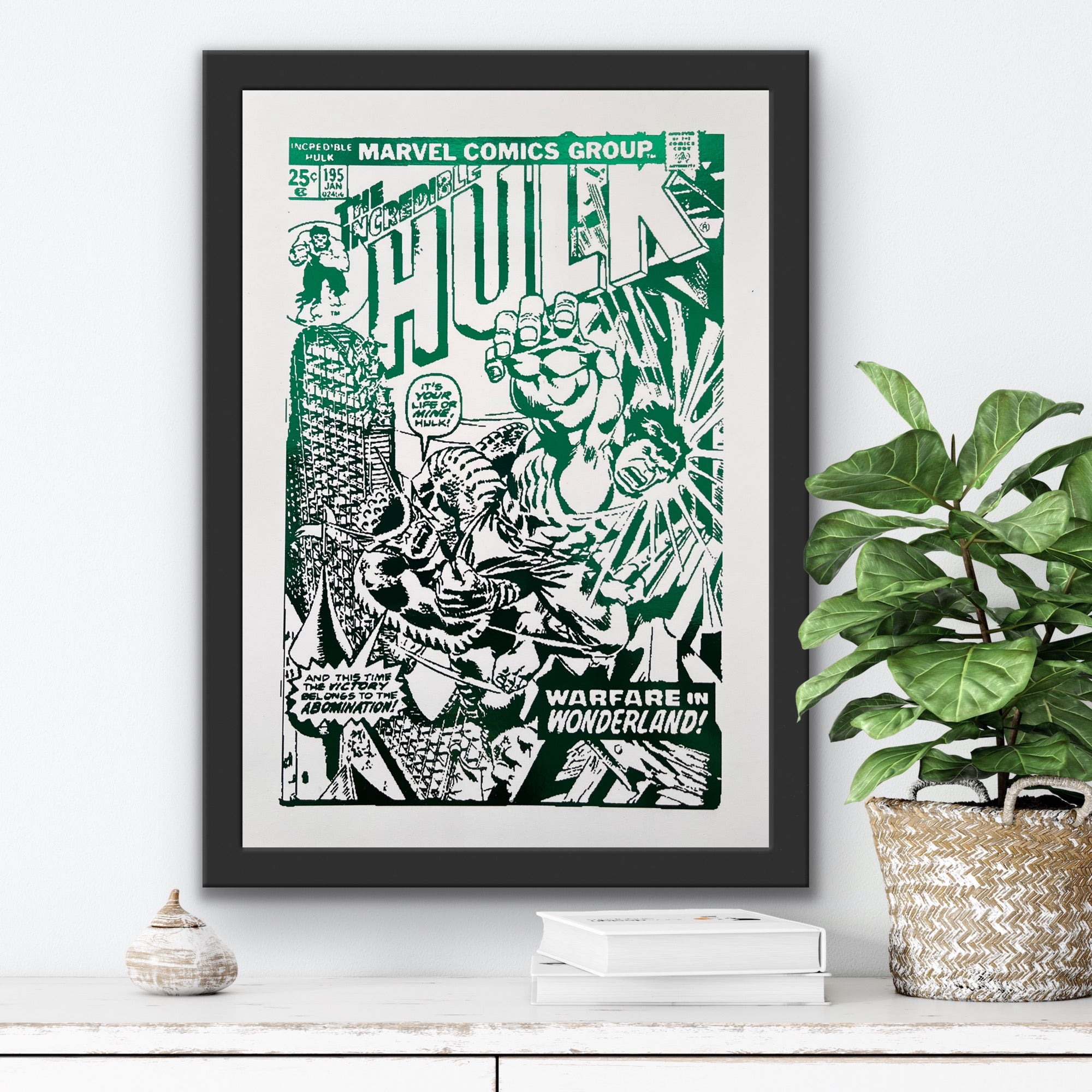 Hulk Comic Cover Foil Print featuring a dynamic depiction of the iconic Marvel character in vibrant colors with a metallic finish.