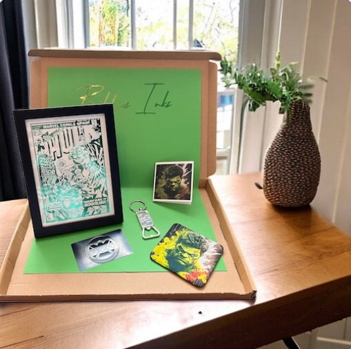 Hulk Gift Box featuring framed print, coaster, bottle opener, QR card, and personalised card, all themed around the Incredible Hulk.