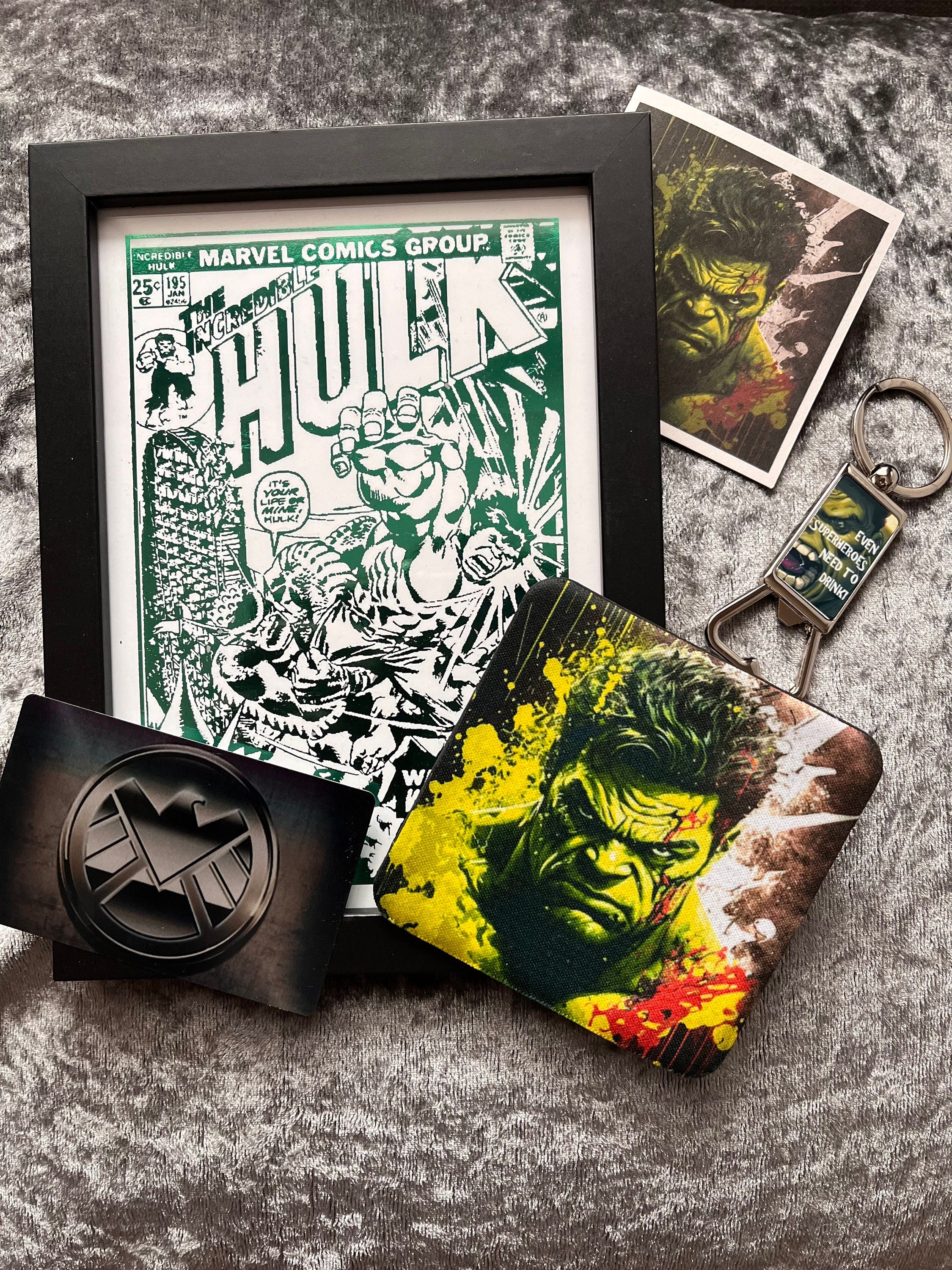 Hulk Gift Box featuring framed print, coaster, bottle opener, QR card, and personalised card, all themed around the Incredible Hulk.
