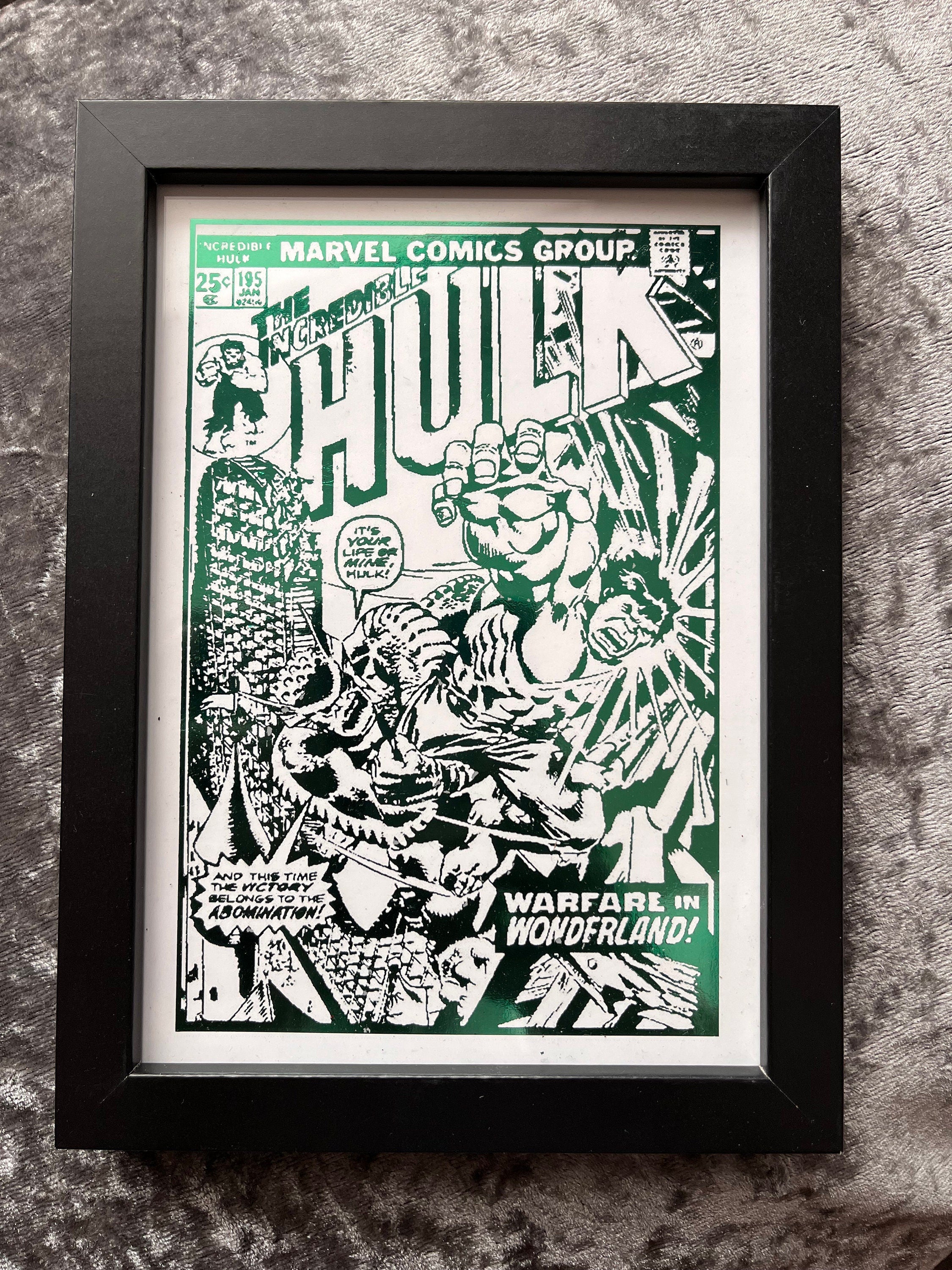 Hulk Gift Box featuring framed print, coaster, bottle opener, QR card, and personalised card, all themed around the Incredible Hulk.