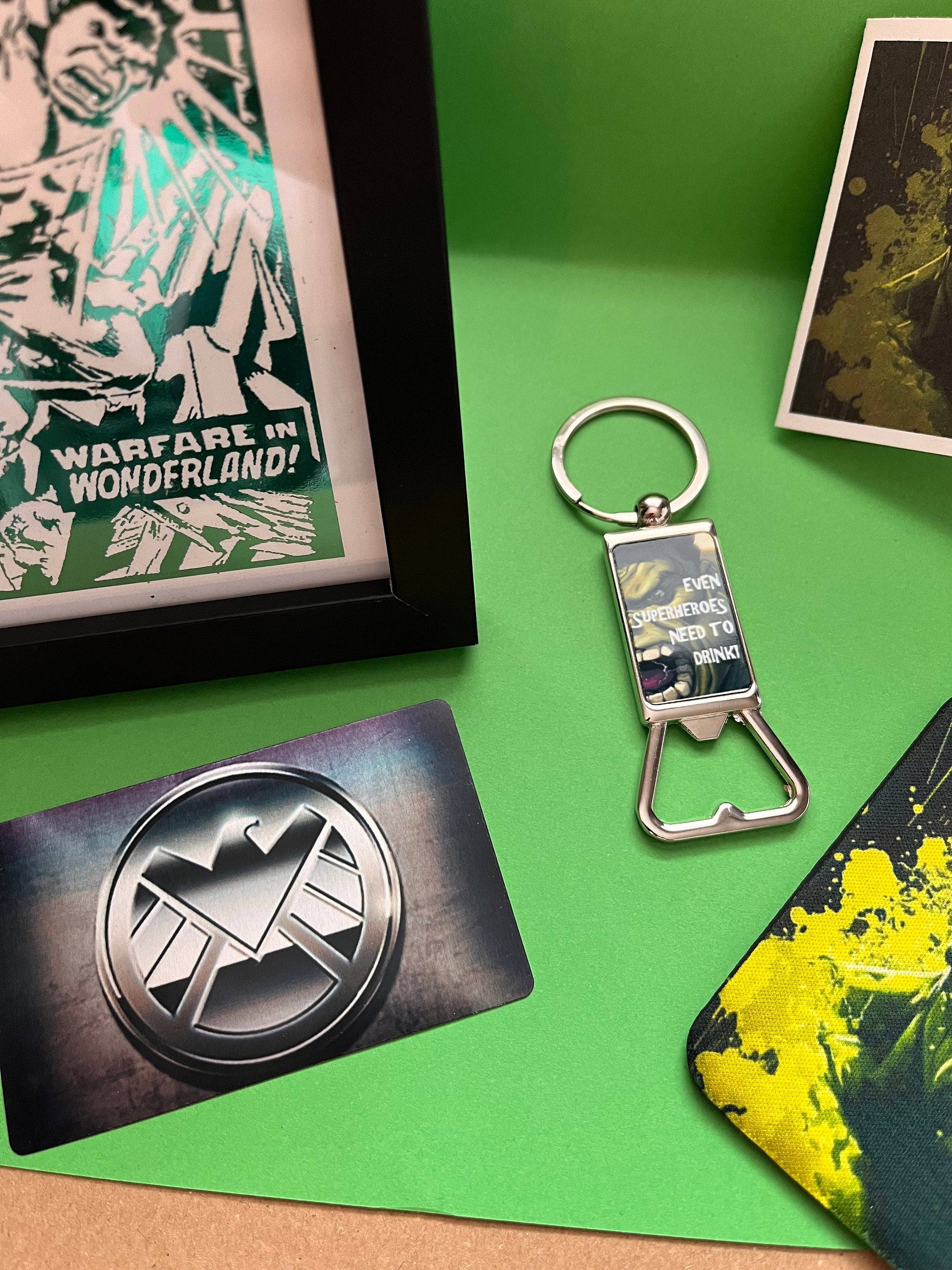 Hulk Gift Box featuring framed print, coaster, bottle opener, QR card, and personalised card, all themed around the Incredible Hulk.