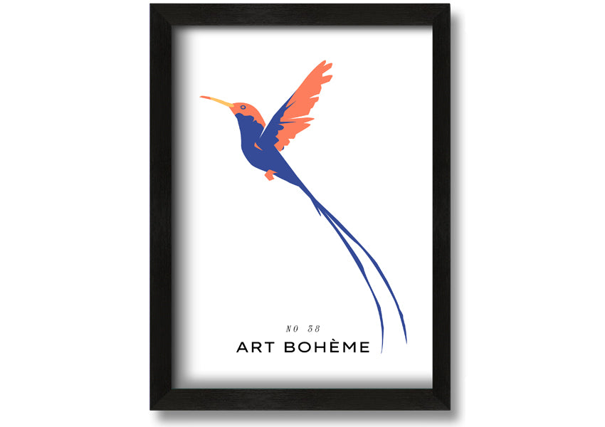 A beautifully framed print of a hummingbird in flight, showcasing vibrant colors and intricate details, ready to hang.