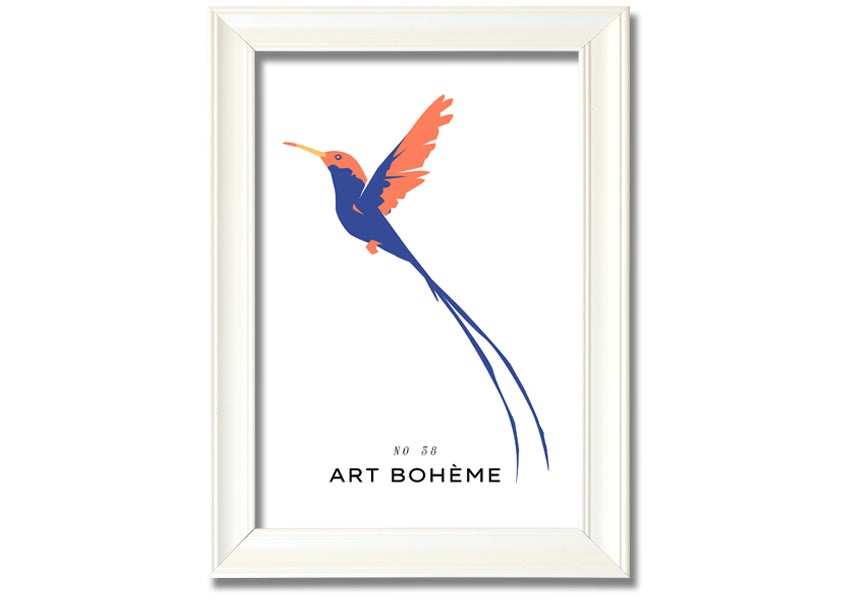 A beautifully framed print of a hummingbird in flight, showcasing vibrant colors and intricate details, ready to hang.