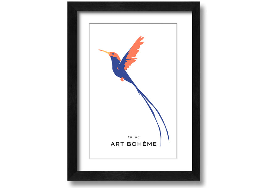 A beautifully framed print of a hummingbird in flight, showcasing vibrant colors and intricate details, ready to hang.