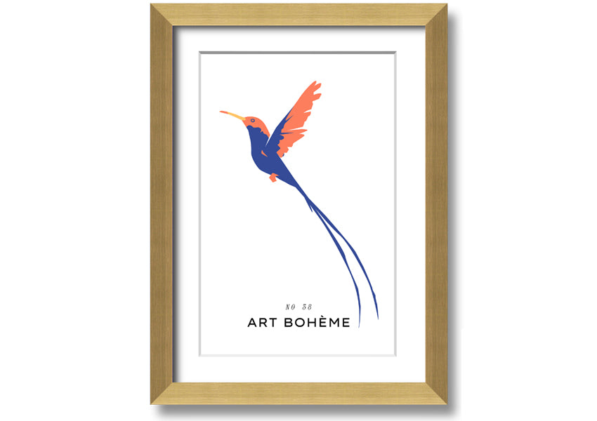 A beautifully framed print of a hummingbird in flight, showcasing vibrant colors and intricate details, ready to hang.