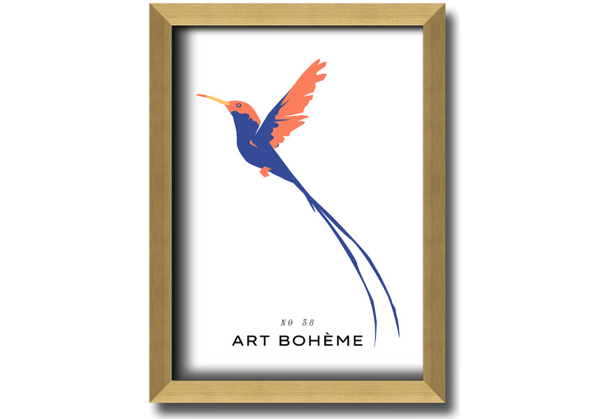 A beautifully framed print of a hummingbird in flight, showcasing vibrant colors and intricate details, ready to hang.