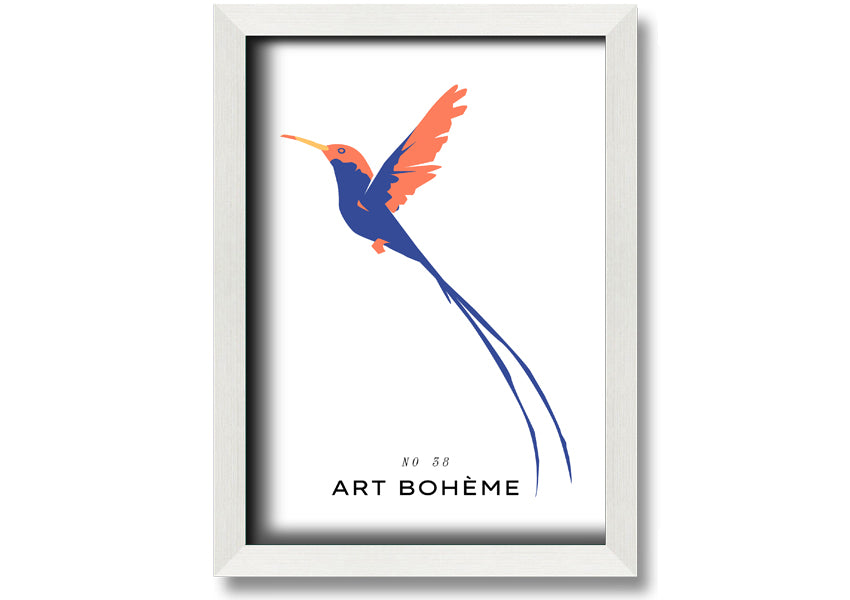 A beautifully framed print of a hummingbird in flight, showcasing vibrant colors and intricate details, ready to hang.
