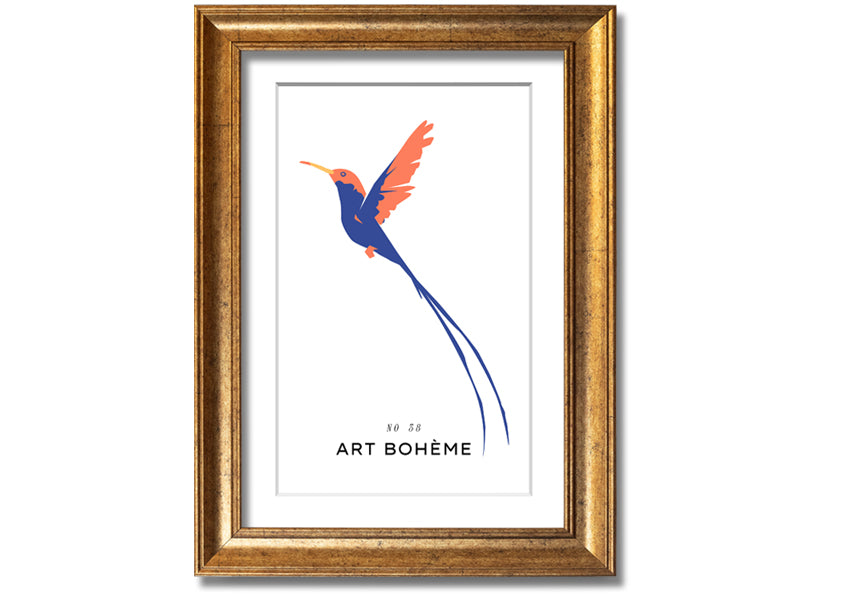 A beautifully framed print of a hummingbird in flight, showcasing vibrant colors and intricate details, ready to hang.