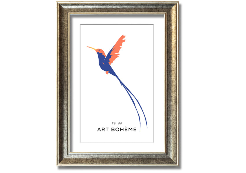 A beautifully framed print of a hummingbird in flight, showcasing vibrant colors and intricate details, ready to hang.