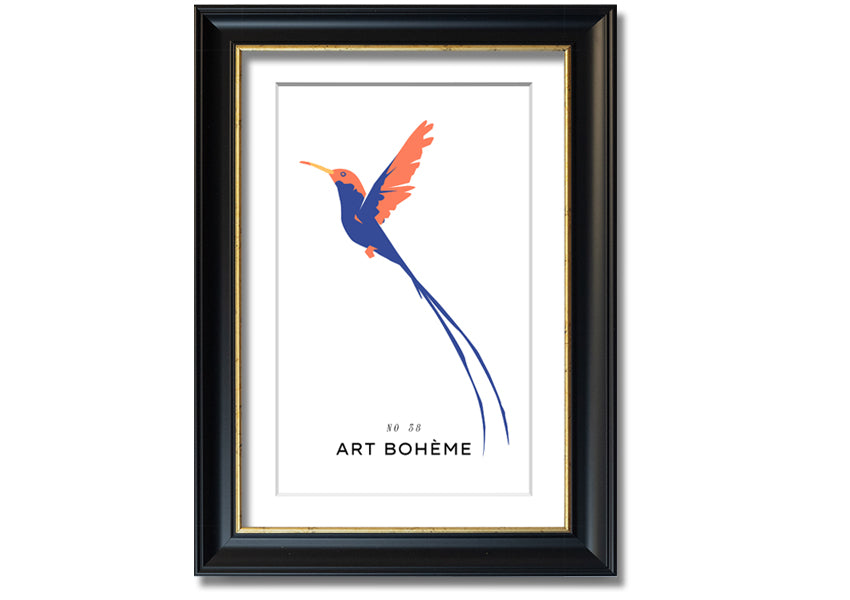 A beautifully framed print of a hummingbird in flight, showcasing vibrant colors and intricate details, ready to hang.