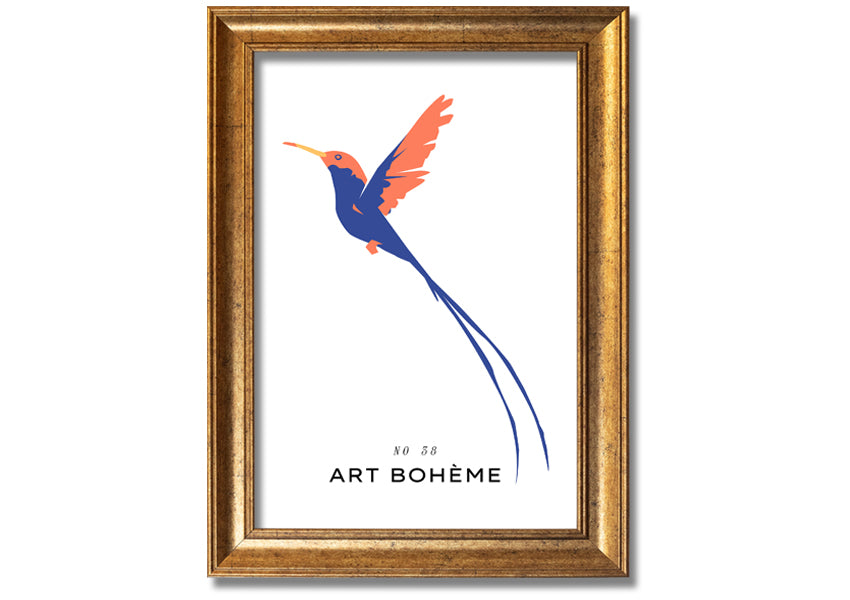 A beautifully framed print of a hummingbird in flight, showcasing vibrant colors and intricate details, ready to hang.