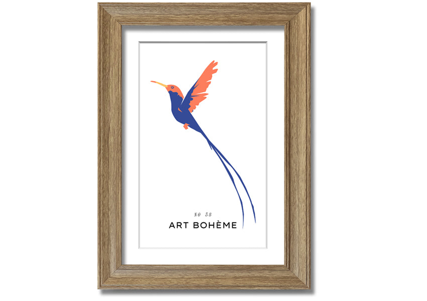 A beautifully framed print of a hummingbird in flight, showcasing vibrant colors and intricate details, ready to hang.