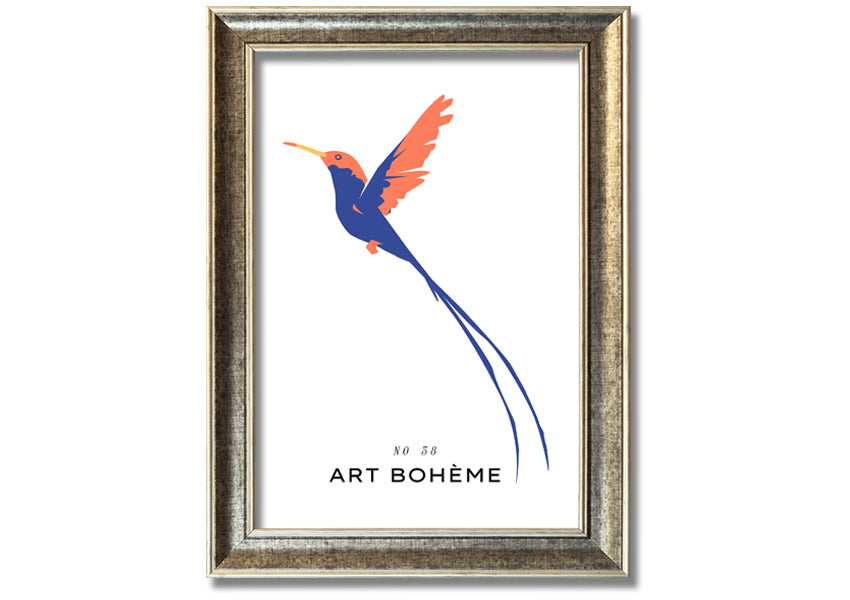 A beautifully framed print of a hummingbird in flight, showcasing vibrant colors and intricate details, ready to hang.